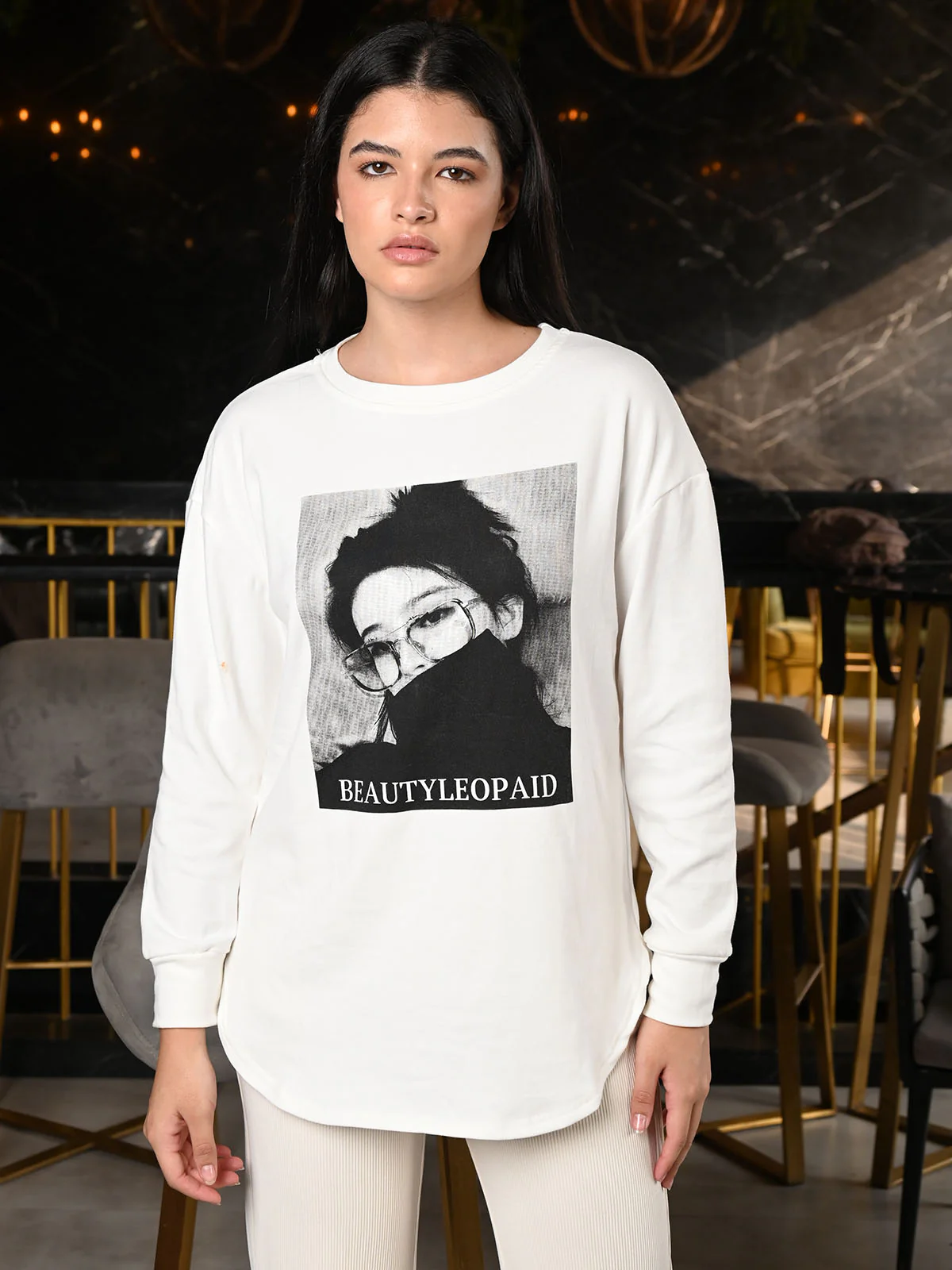 Odette White Cotton Jersey Printed Top For Women - Image 2
