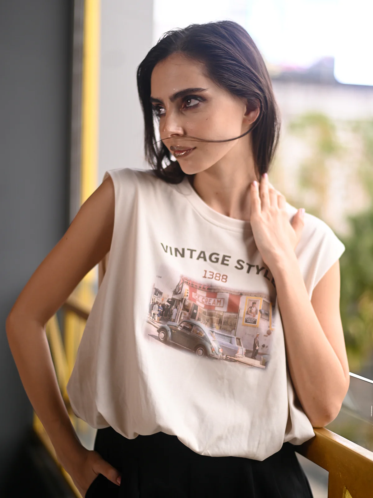 Odette Cream Cotton Jersey Printed Top For Women - Image 3