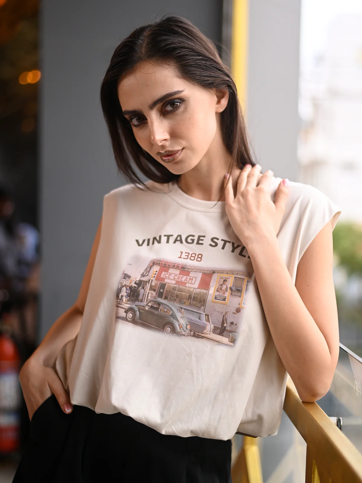Odette Cream Cotton Jersey Printed Top For Women - Image 4