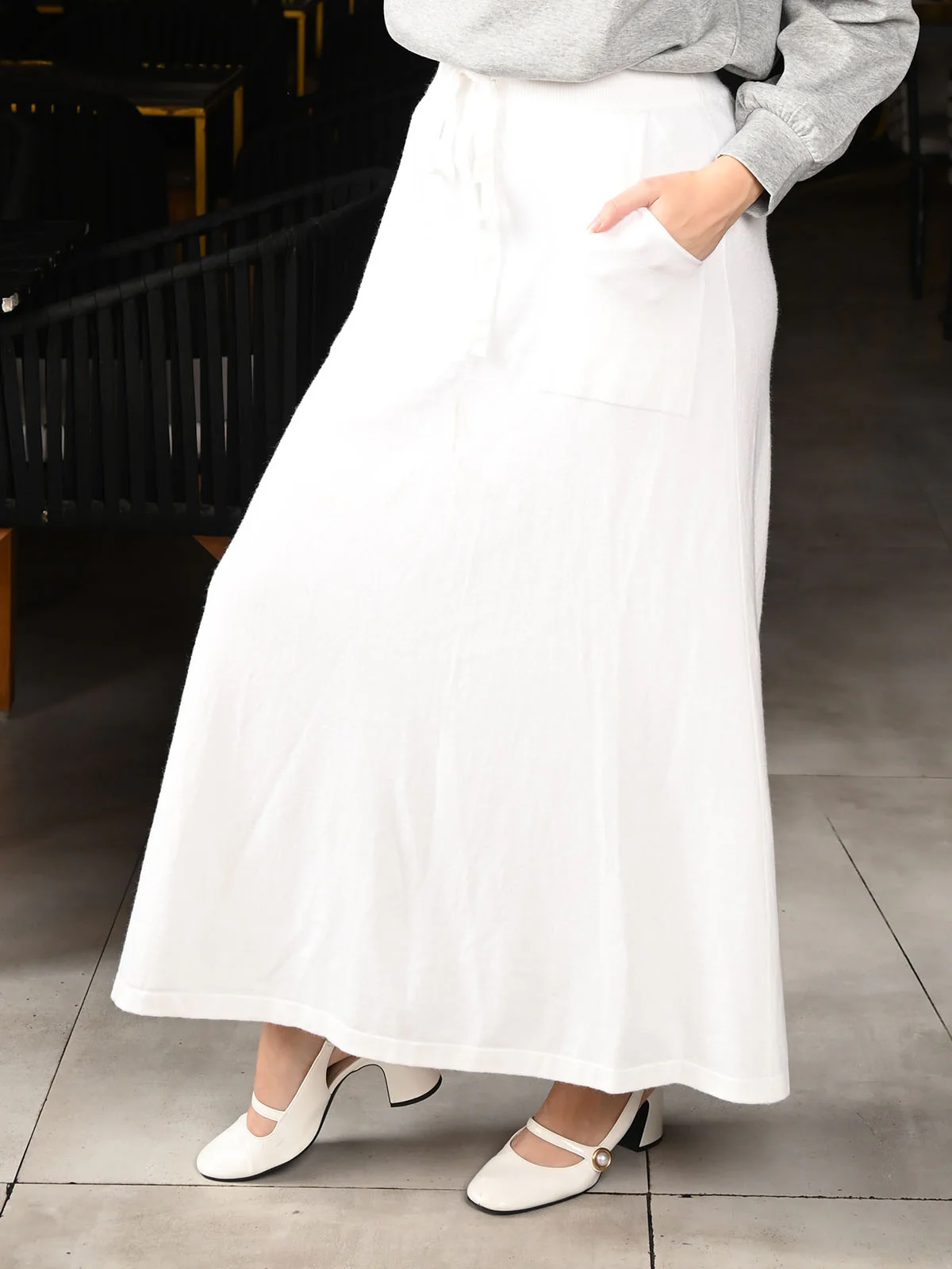 Odette White Cotton Jersey Solid Long Skirt For Women - Image 3