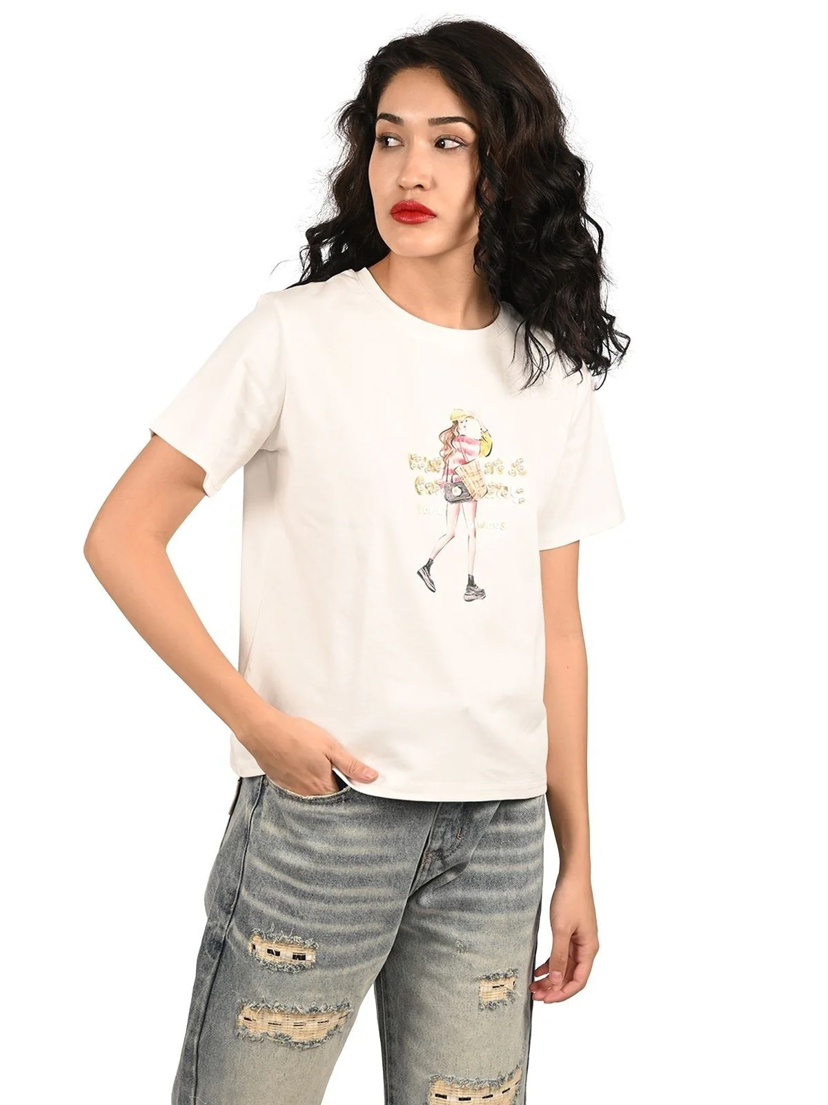 Odette White Cotton Knitted Printed Top For Women - Image 3