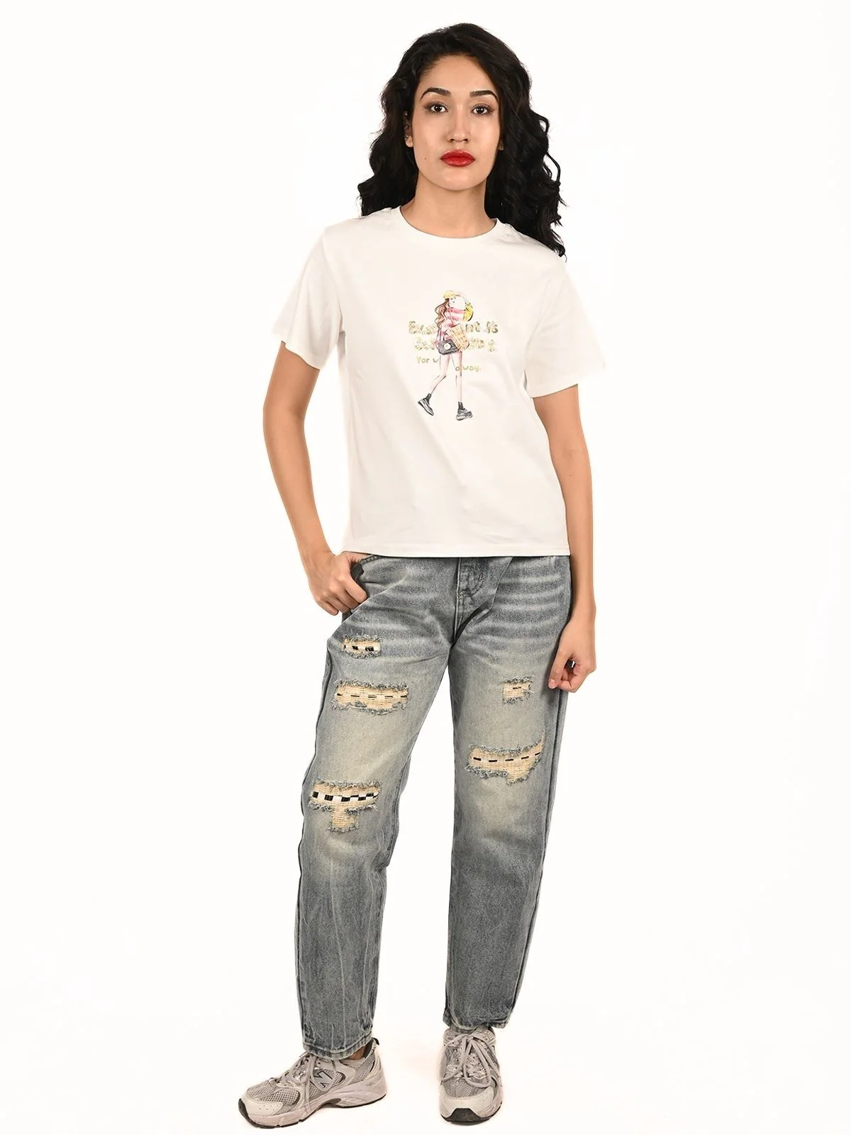 Odette White Cotton Knitted Printed Top For Women - Image 5
