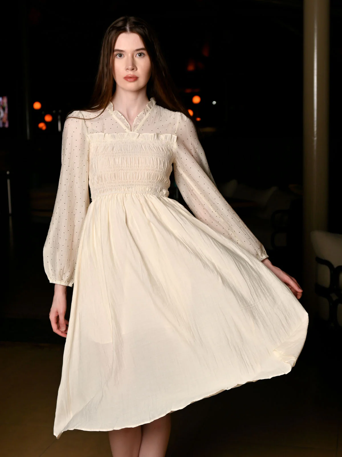 Odette White Cotton & Linen Printed Dress For Women