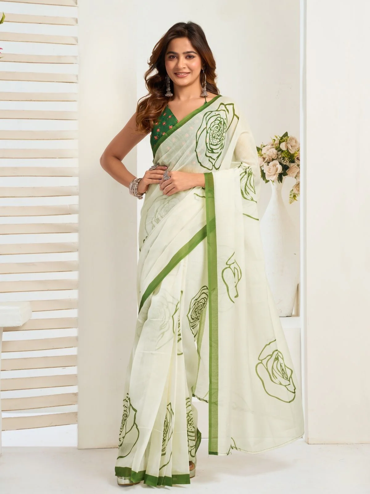 Odette White Cotton Linen Zari Work Saree For Women