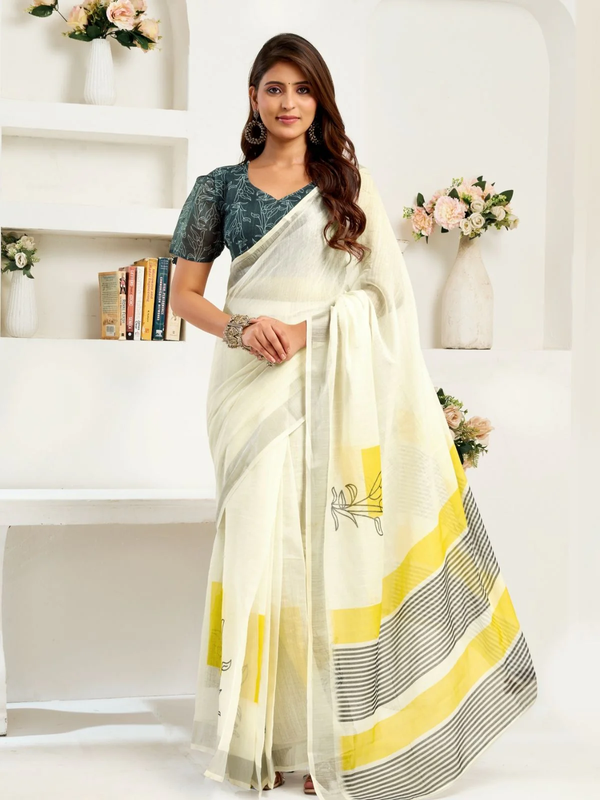 Odette White Cotton Linen Zari Work Saree For Women