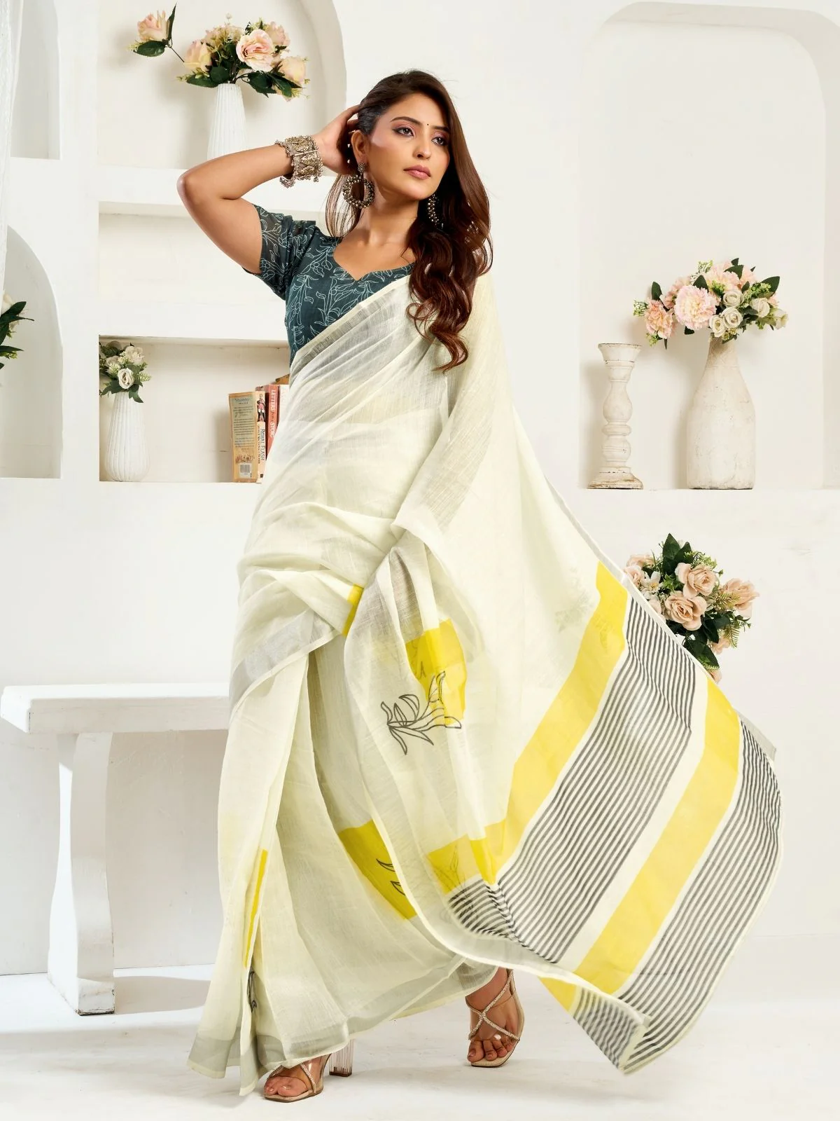 Odette White Cotton Linen Zari Work Saree For Women - Image 3