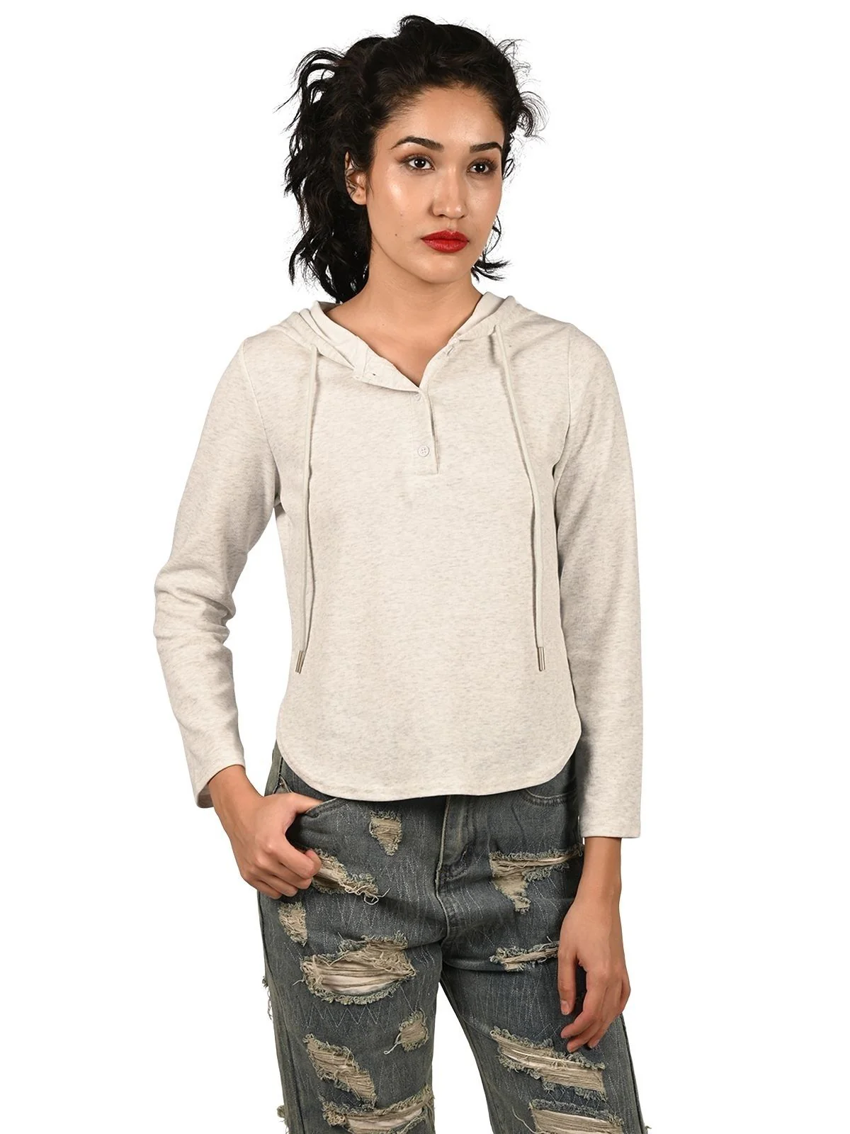 Odette White Cotton Lycra Solid Top For Women