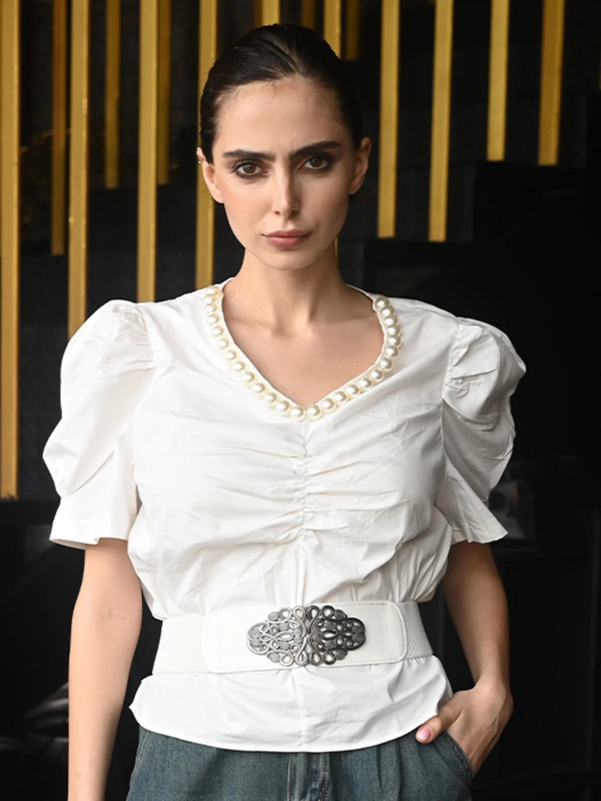 Odette White Cotton Poplin Embroidered Top For Women