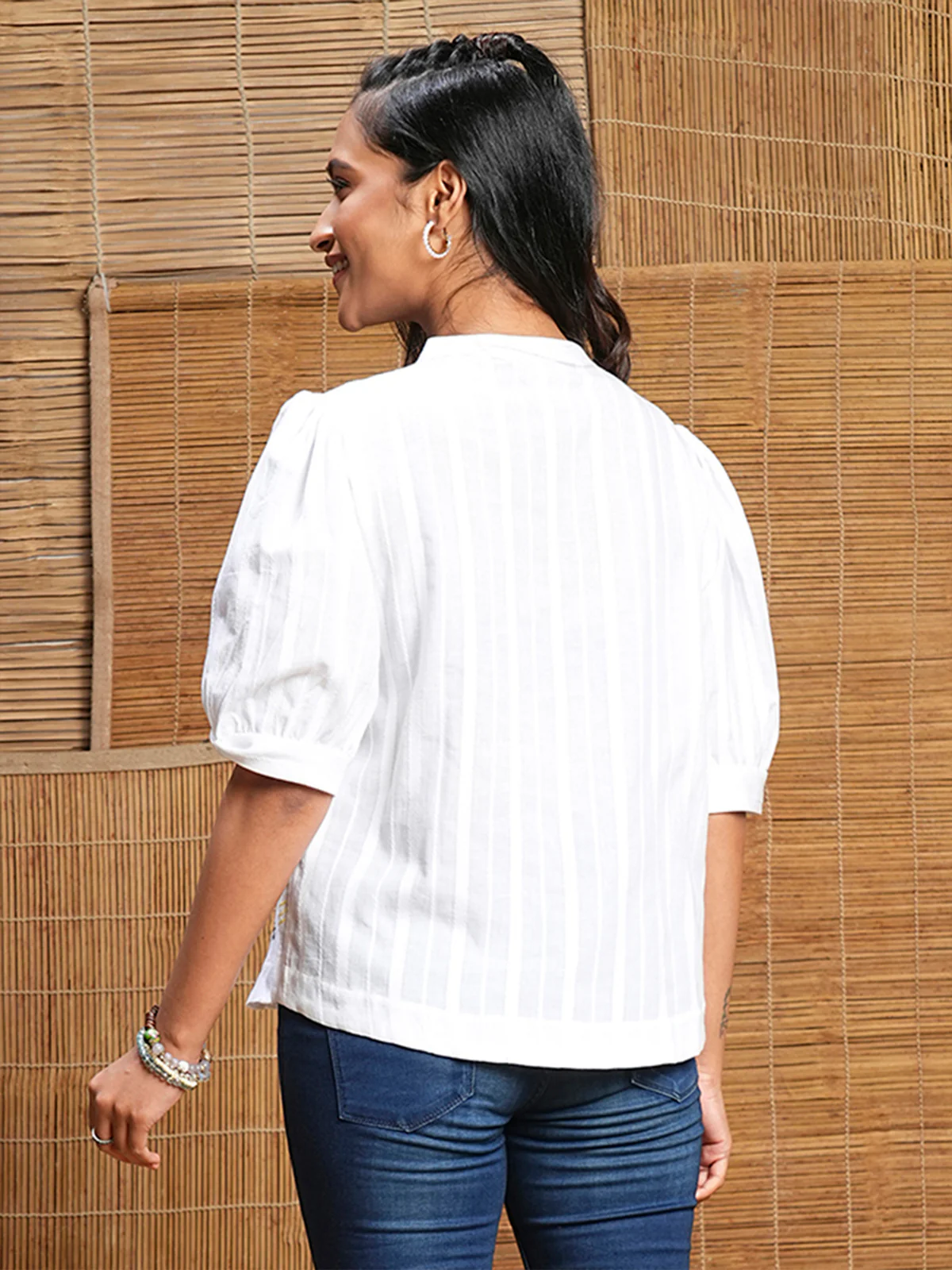 Odette White Cotton Printed Shirt For Women - Image 4