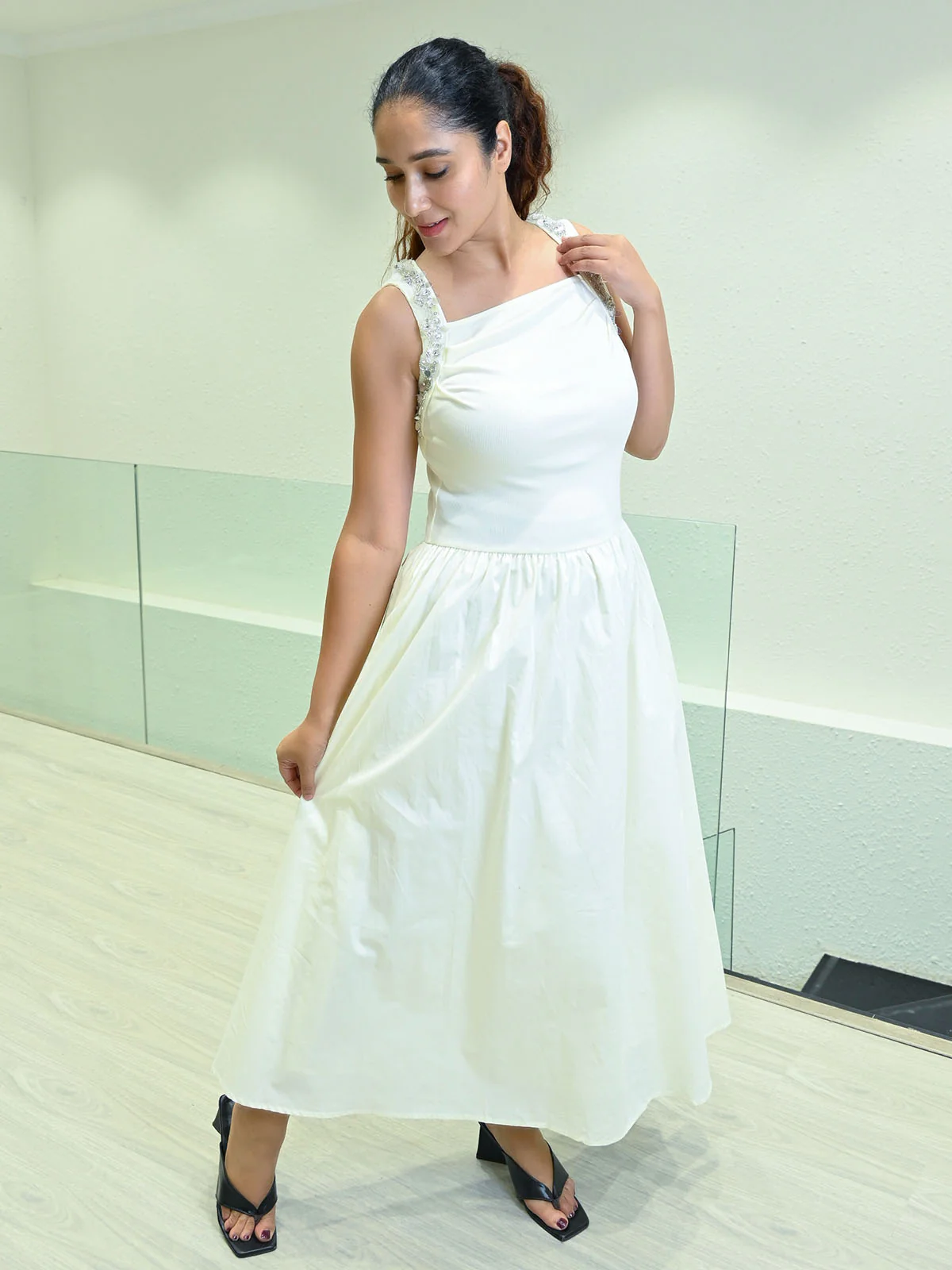 Odette White Cotton Rib Solid Dress For Women - Image 2