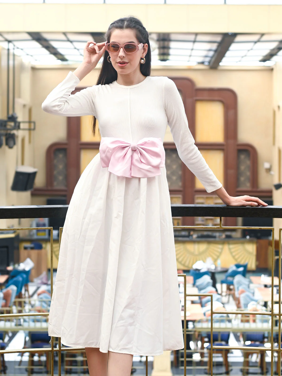 Odette White Cotton Rib Solid Dress For Women