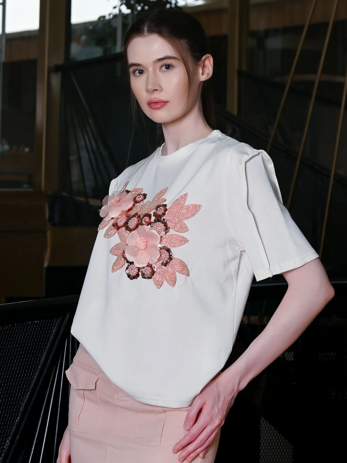 Odette White Cotton Rib Solid T-shirt For Women - Image 2