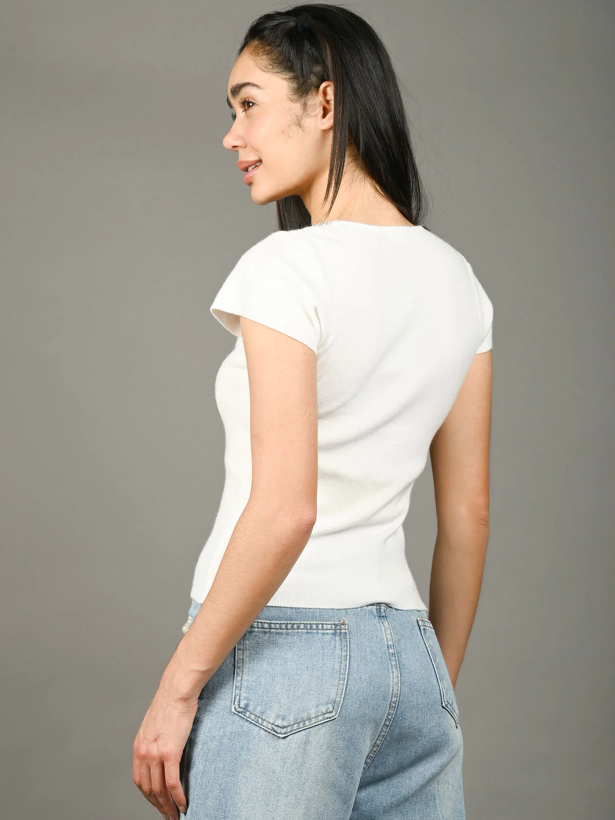 Odette White Cotton Rib Solid Top For Women - Image 3