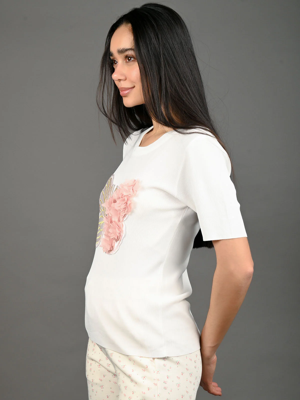 Odette White Cotton Rib Solid Top For Women - Image 2