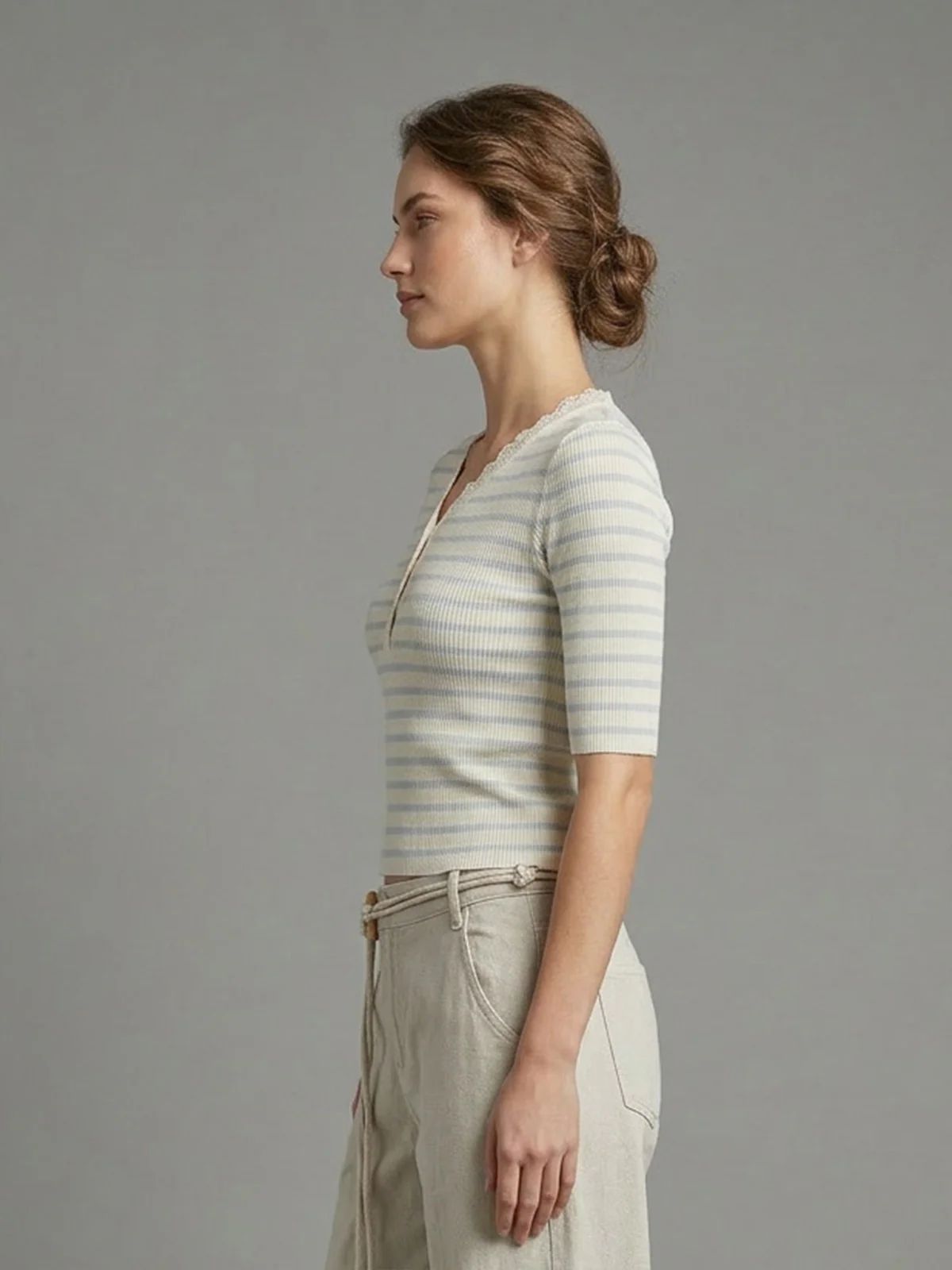 Odette White and Blue Cotton Rib Striped Top For Women - Image 2