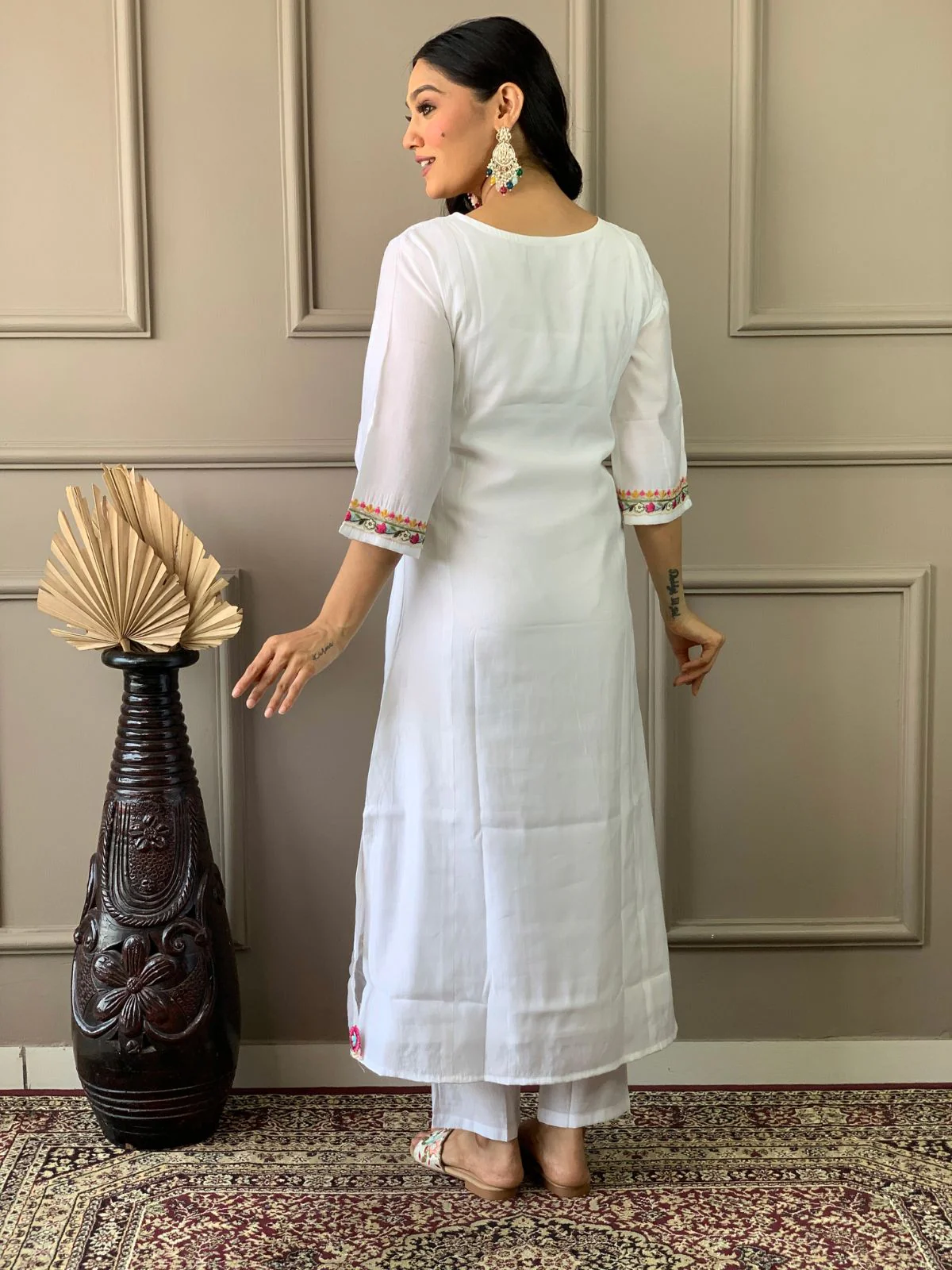 Odette White Embroidered Chanderi Silk Stitched Kurta Salwar Set For Women - Image 4