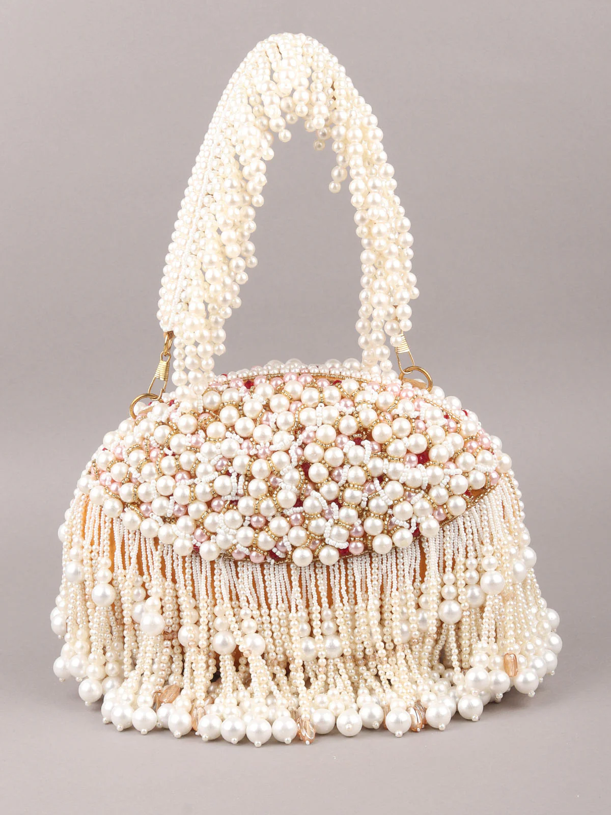 Odette White Embroidered Clutch With Tassels For Women - Image 4