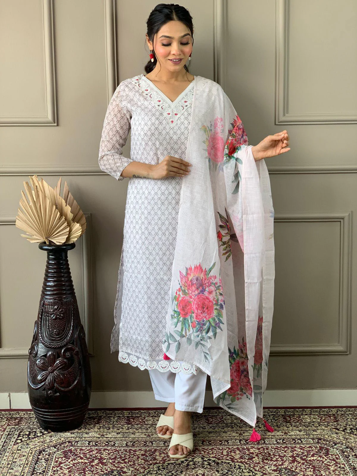 Odette White Embroidered Cotton Blend Stitched Kurta Salwar Set For Women