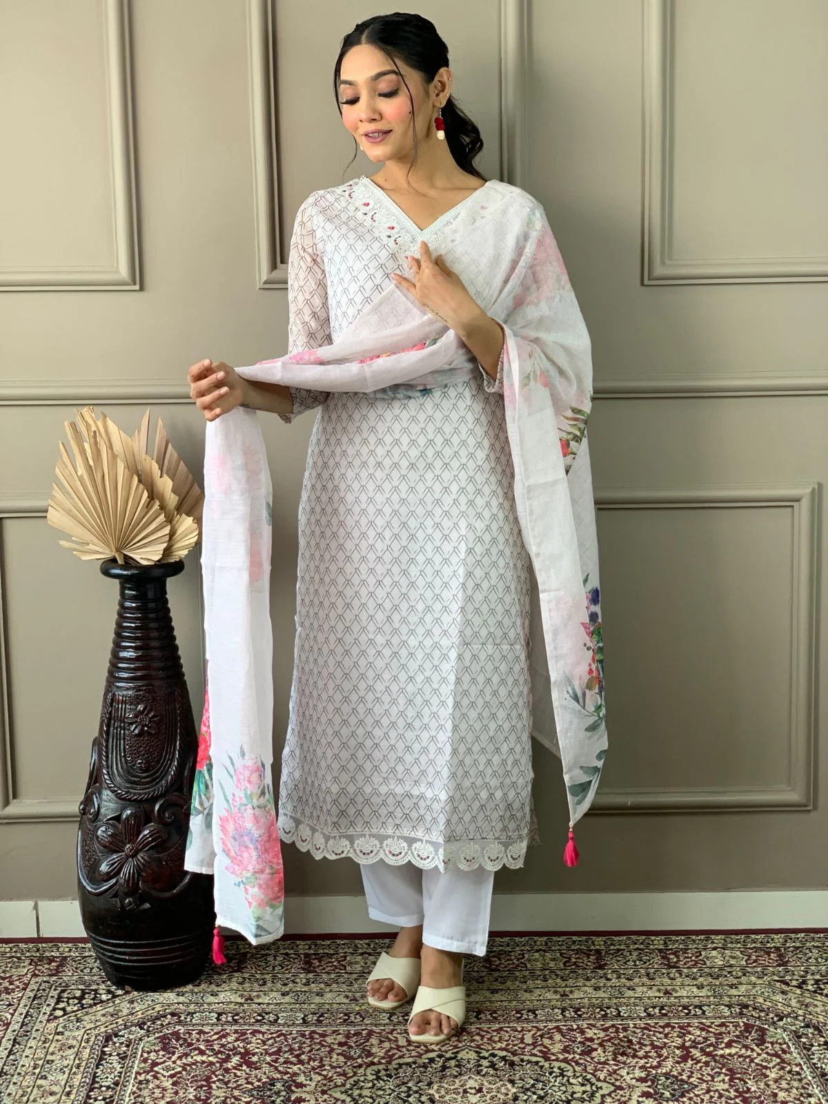 Odette White Embroidered Cotton Blend Stitched Kurta Salwar Set For Women - Image 2