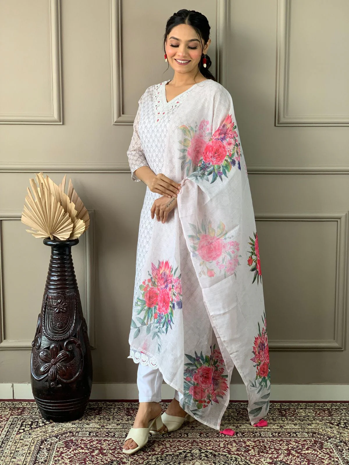 Odette White Embroidered Cotton Blend Stitched Kurta Salwar Set For Women - Image 3