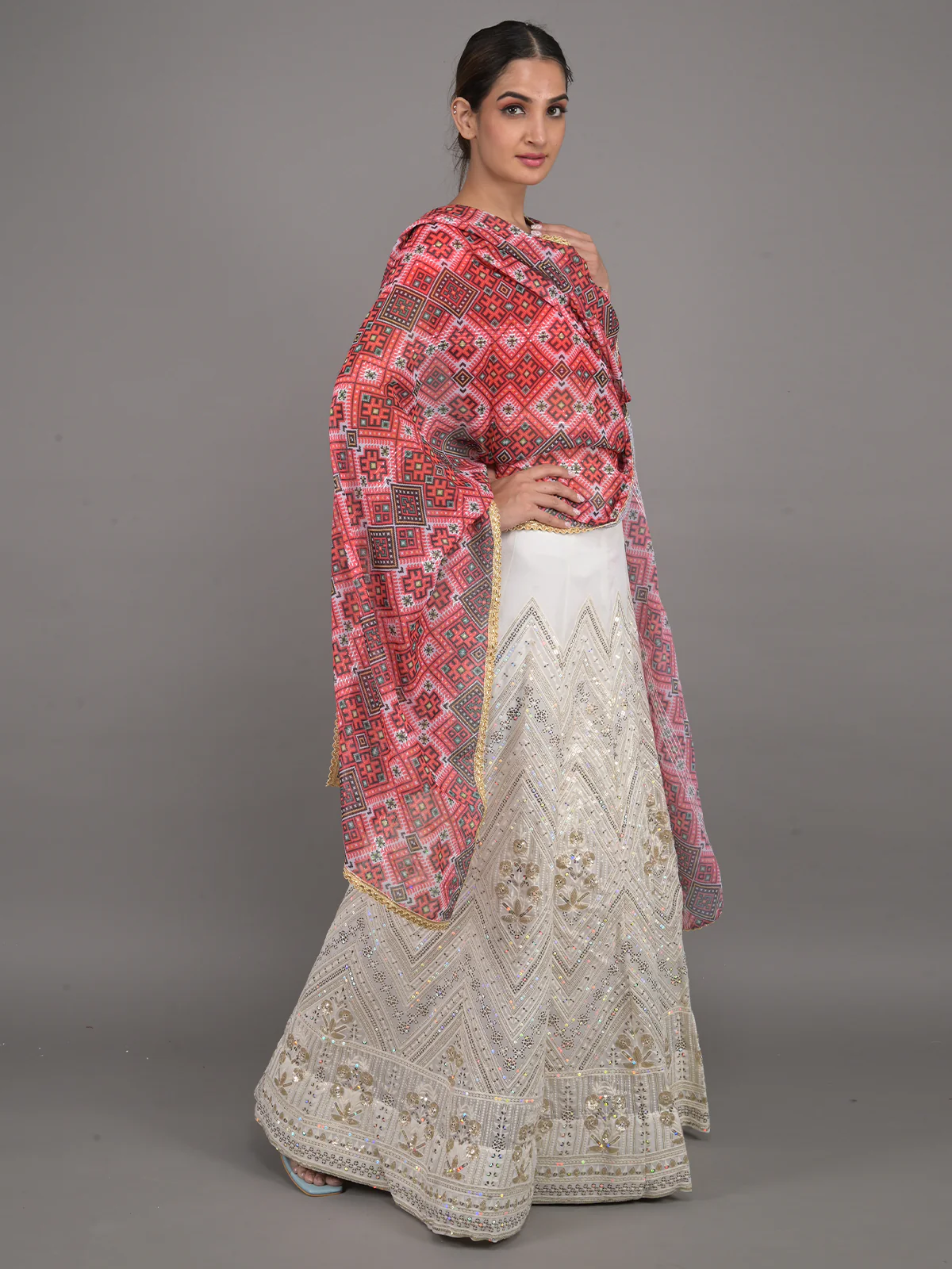 Odette White Embroidered Georgette Semi Stitched Lehenga With Unstitched Blouse For Women - Image 2