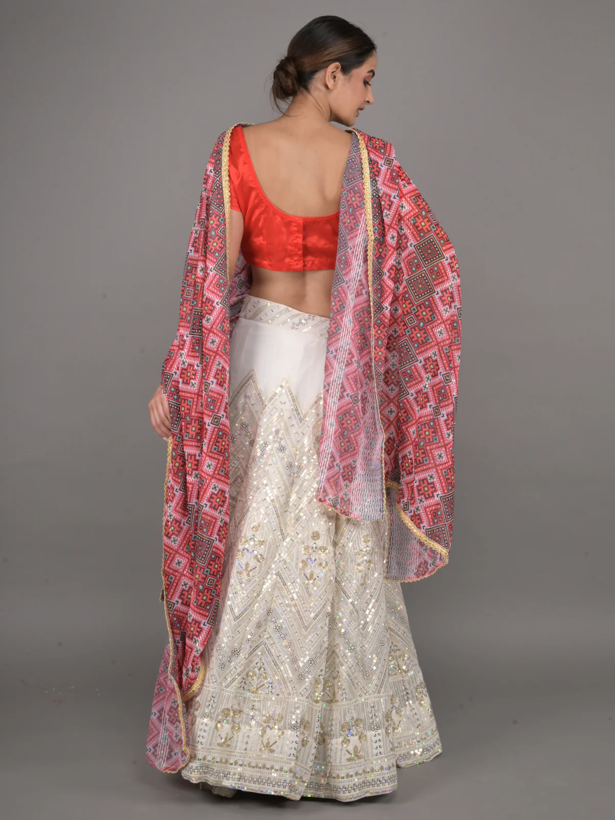 Odette White Embroidered Georgette Semi Stitched Lehenga With Unstitched Blouse For Women - Image 3