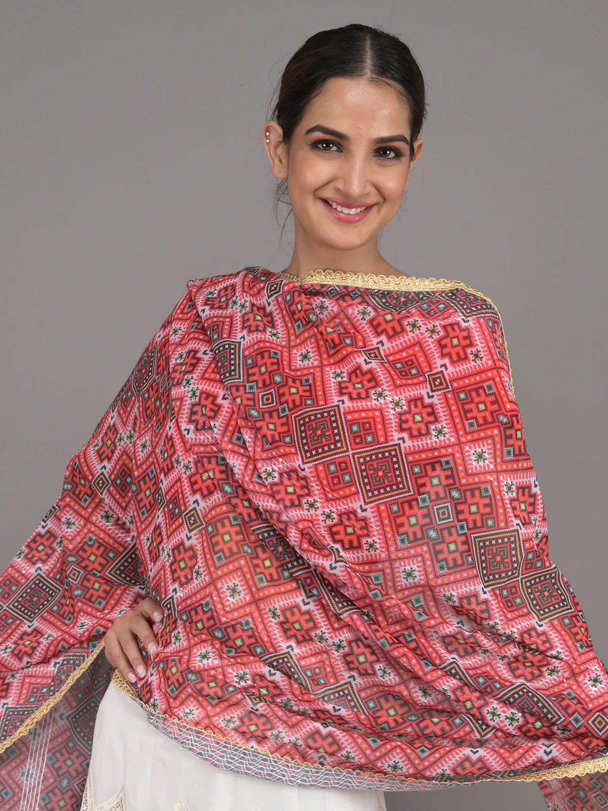 Odette White Embroidered Georgette Semi Stitched Lehenga With Unstitched Blouse For Women - Image 4