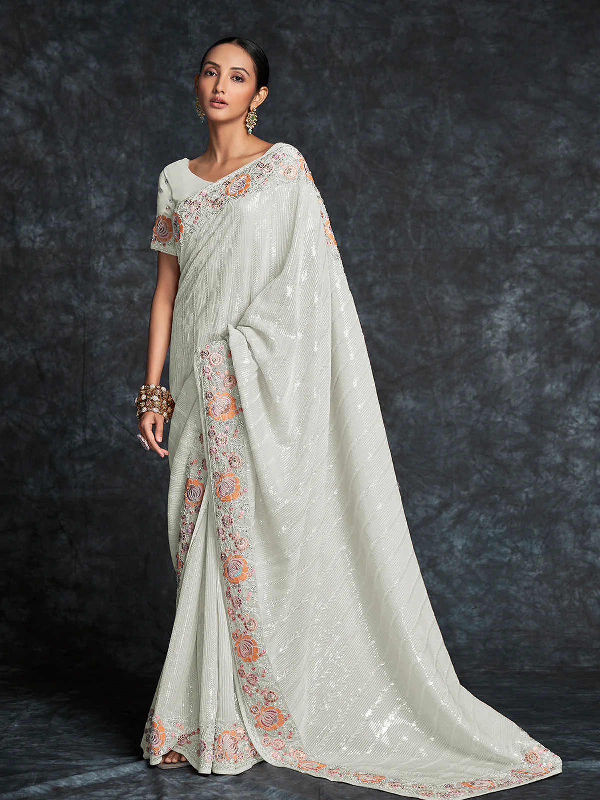 Odette White Embroidered Georgette Saree With Unstitched Blouse For Women - Image 2