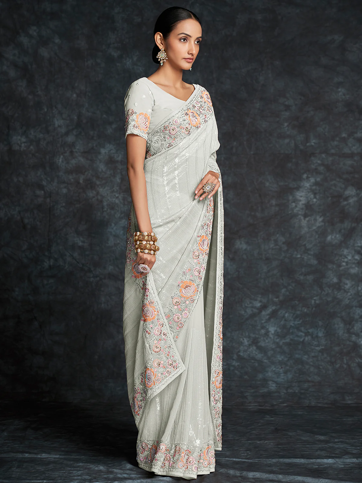 Odette White Embroidered Georgette Saree With Unstitched Blouse For Women - Image 3