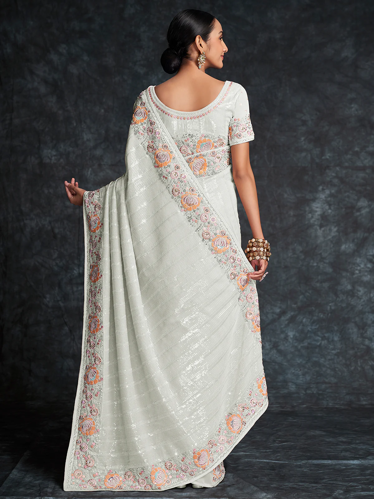 Odette White Embroidered Georgette Saree With Unstitched Blouse For Women - Image 4