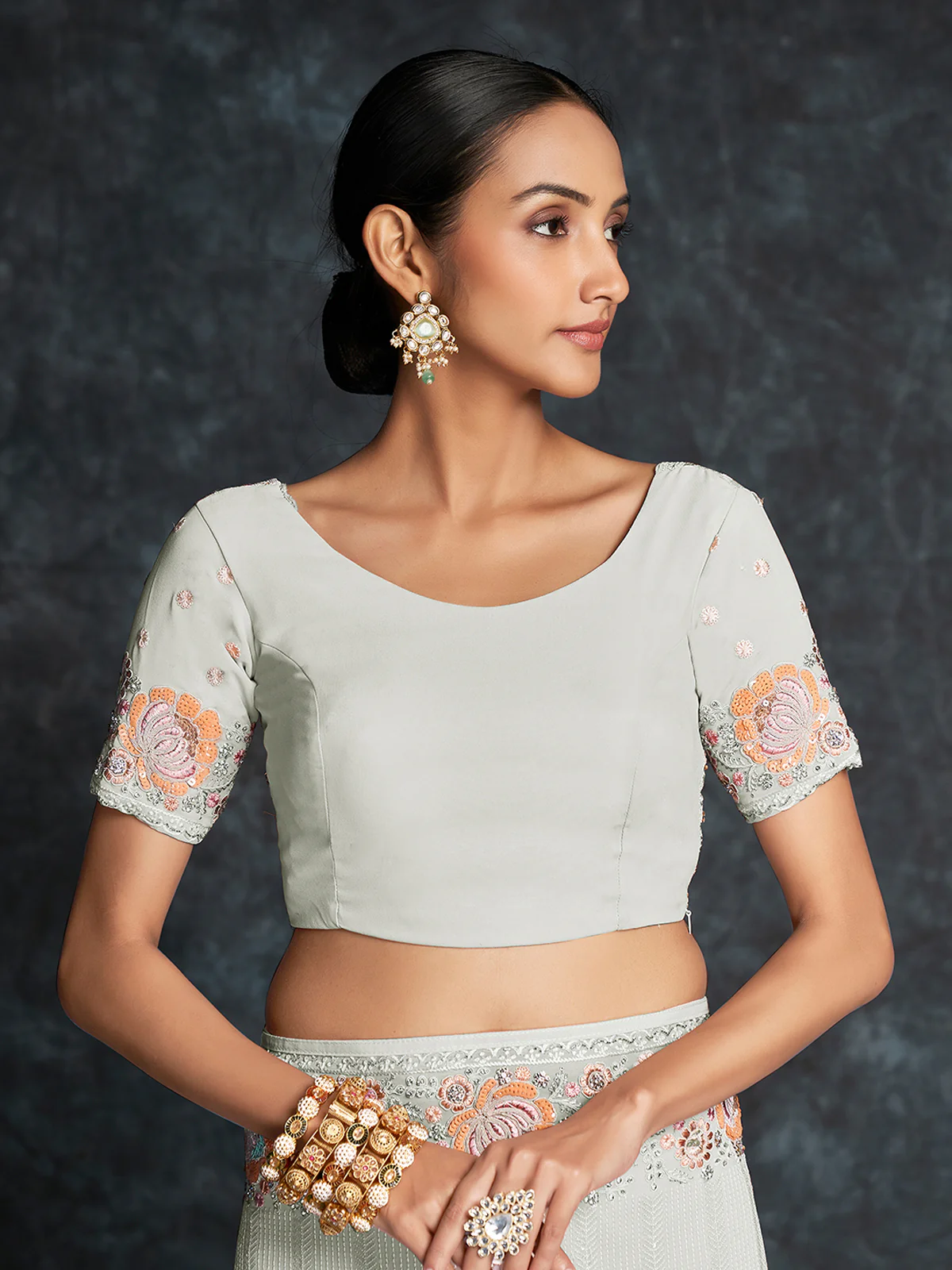 Odette White Embroidered Georgette Saree With Unstitched Blouse For Women - Image 6