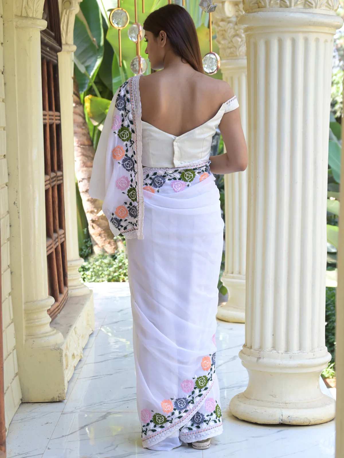 Odette White Embroidered Georgette Saree with Unstitched Blouse for Women - Image 3