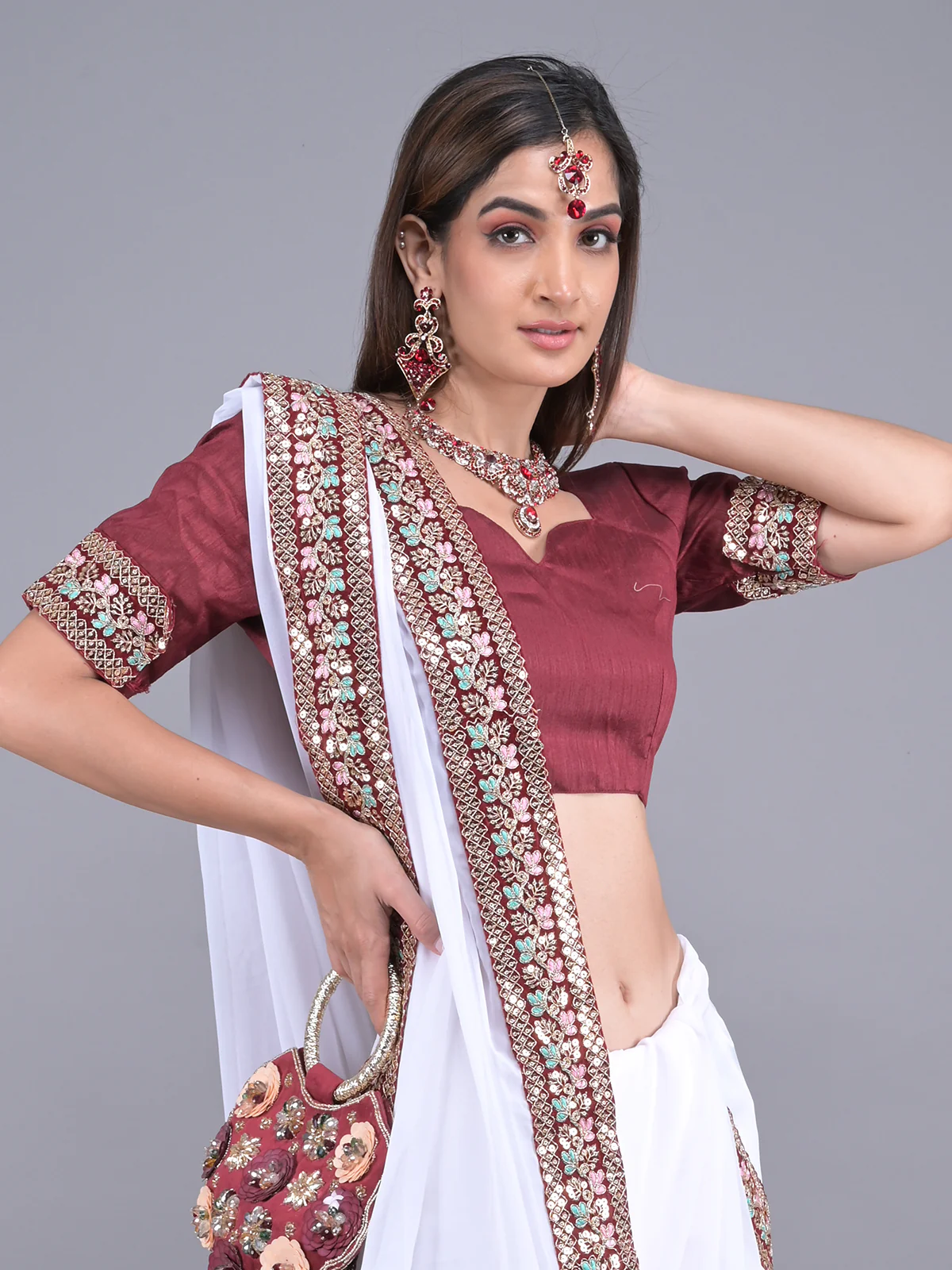 Odette White Embroidered Georgette Saree with Unstitched Blouse for Women - Image 4