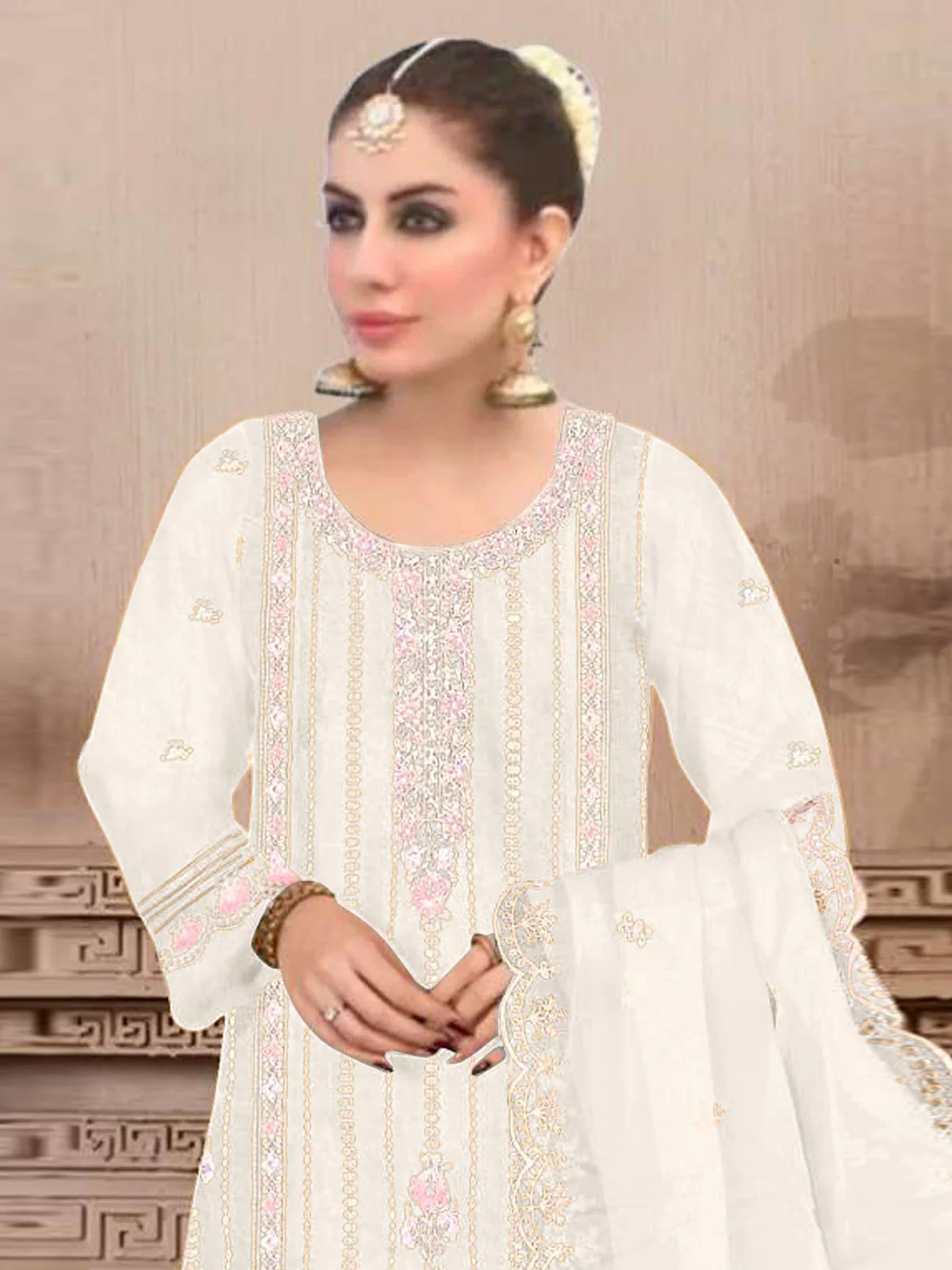 Odette White Embroidered Georgette Semi Stitched Kurta Set With Dupatta For Women - Image 2