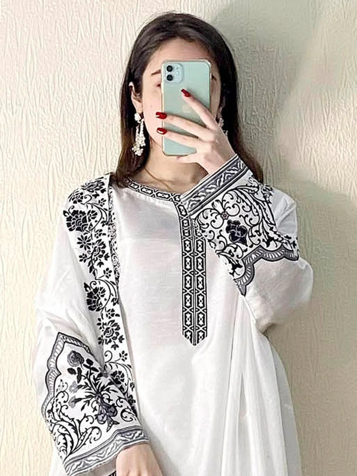 Odette White Embroidered Georgette Semi Stitched Kurta Set with Dupatta For Women - Image 2