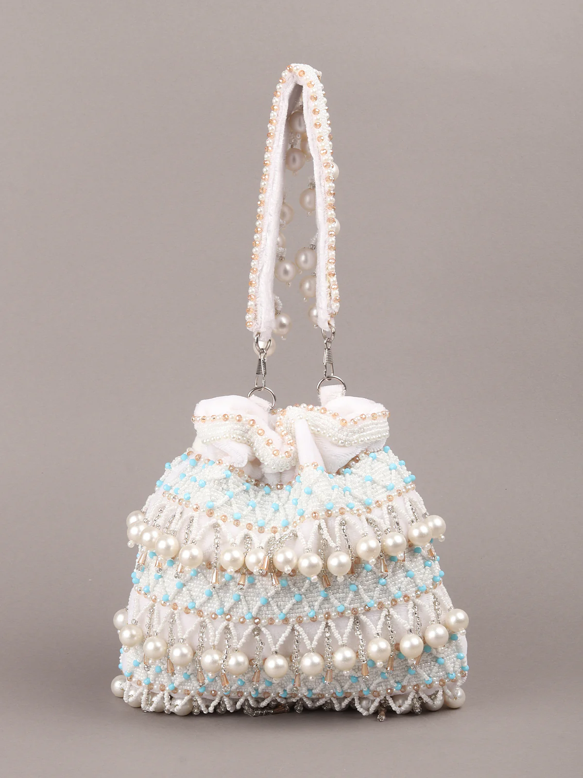 Odette White Embroidered Potli Bag with Tassels For Women - Image 5