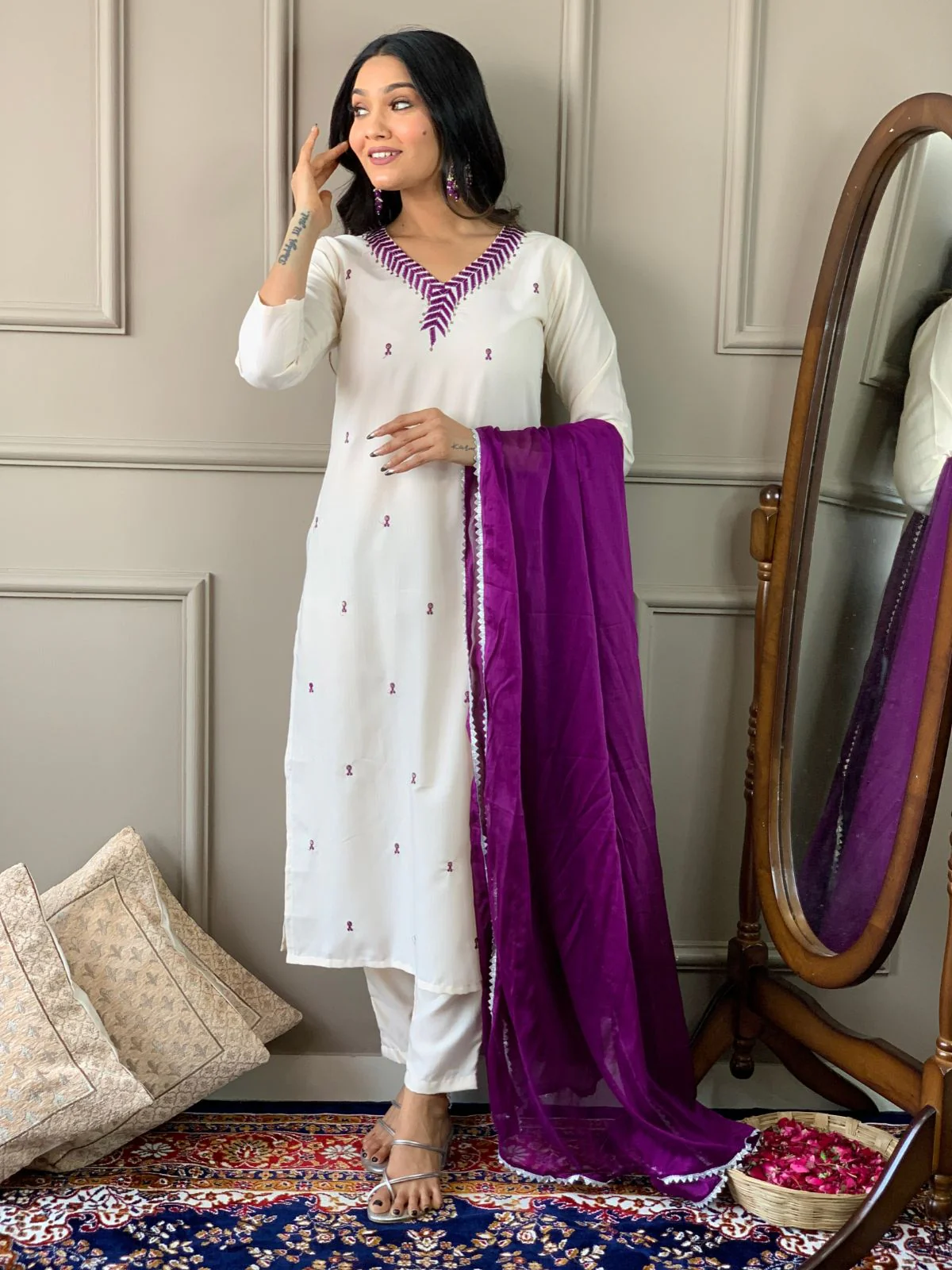 Odette White Embroidered Rayon Stitched Kurta Set For Women - Image 2