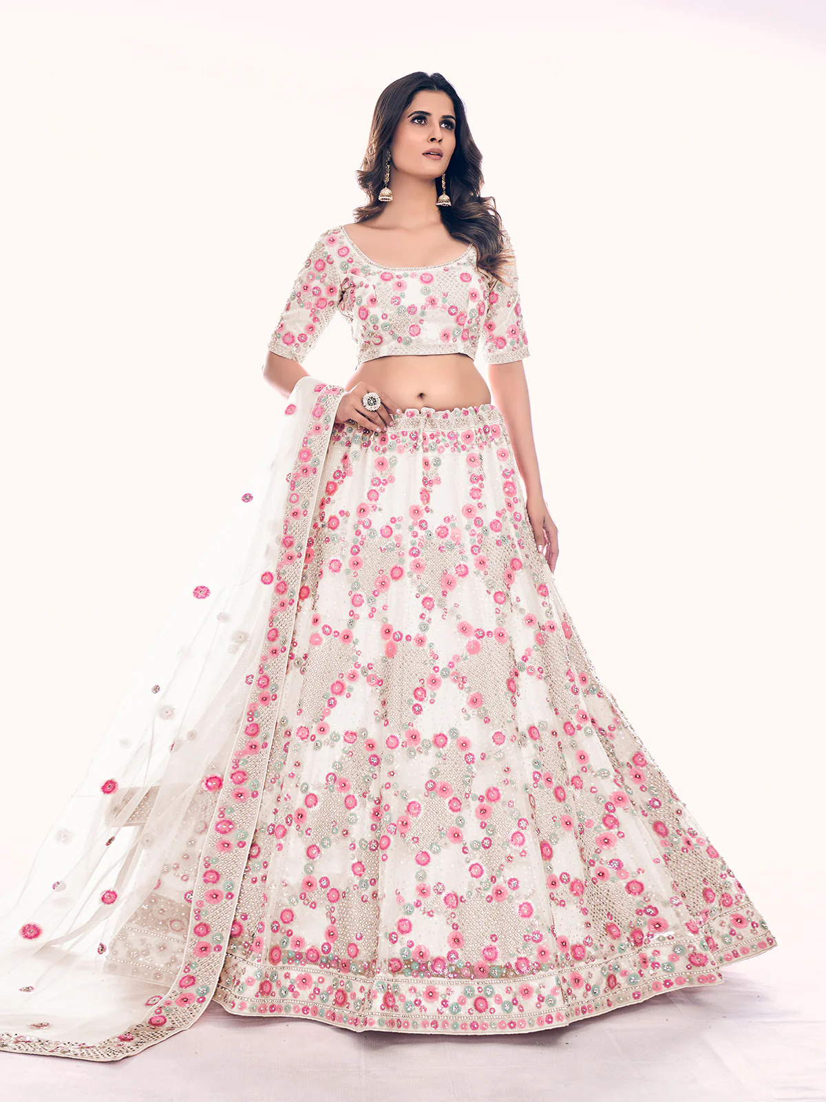 Odette White Embroidered Soft Net Semi Stitched Lehenga With Blouse For Women - Image 2