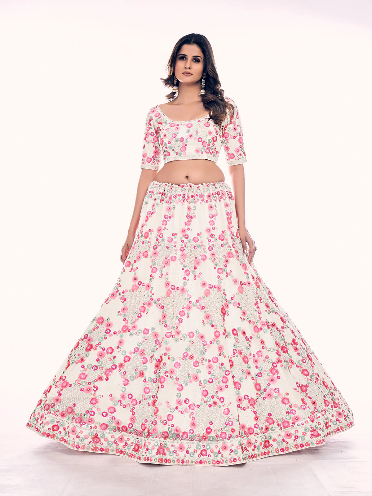 Odette White Embroidered Soft Net Semi Stitched Lehenga With Blouse For Women - Image 3