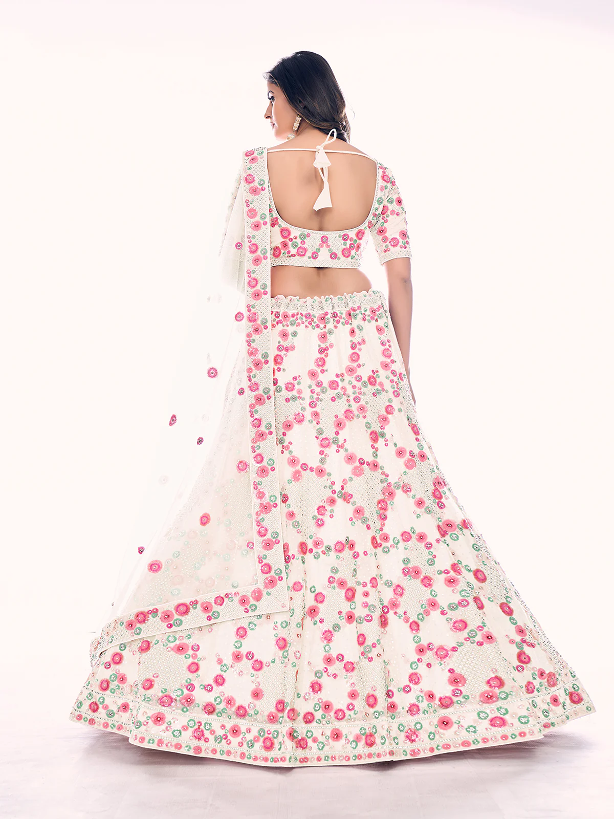 Odette White Embroidered Soft Net Semi Stitched Lehenga With Blouse For Women - Image 4