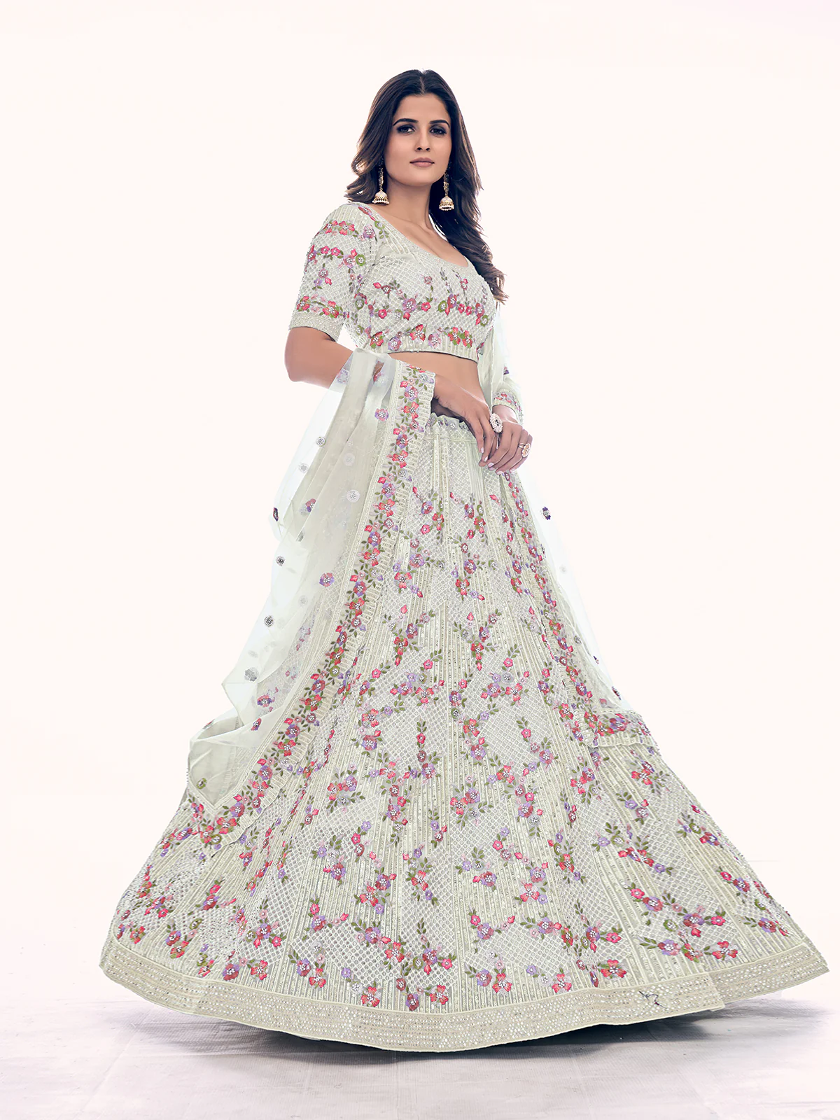 Odette White Embroidered Soft Net Semi Stitched Lehenga With Blouse For Women - Image 2