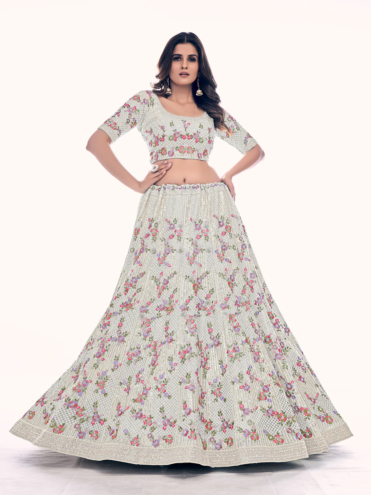 Odette White Embroidered Soft Net Semi Stitched Lehenga With Blouse For Women - Image 3