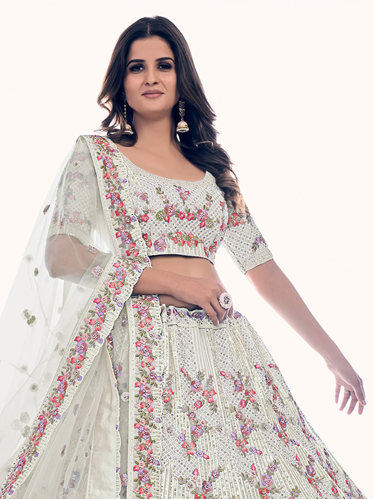 Odette White Embroidered Soft Net Semi Stitched Lehenga With Blouse For Women - Image 5