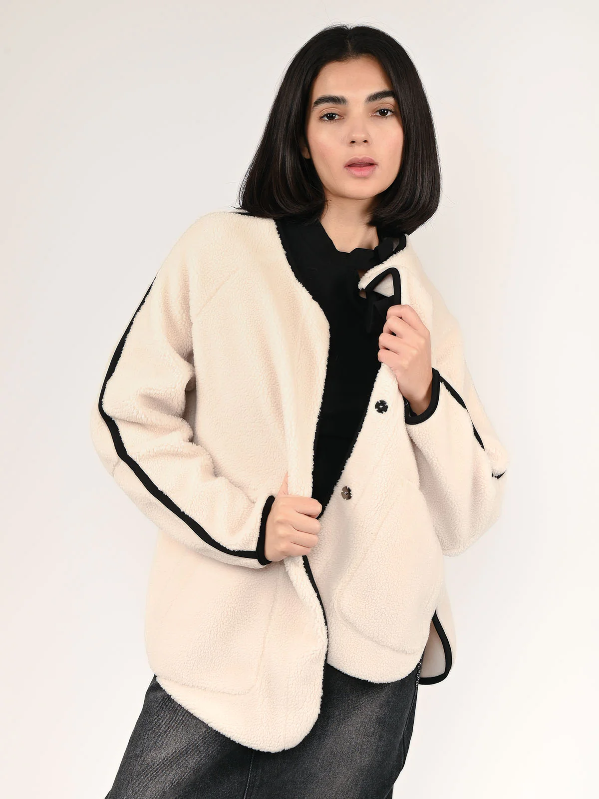 Odette White Faux Fur Solid Jacket For Women