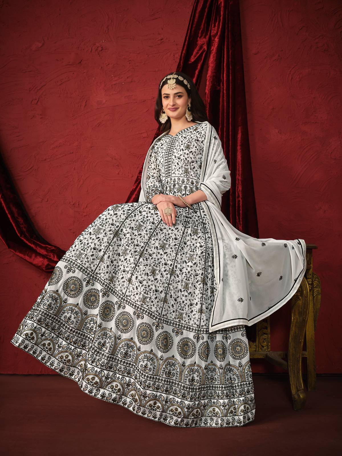 Odette White Faux Georgette Embroidered Unstitched Gown For Women - Image 2