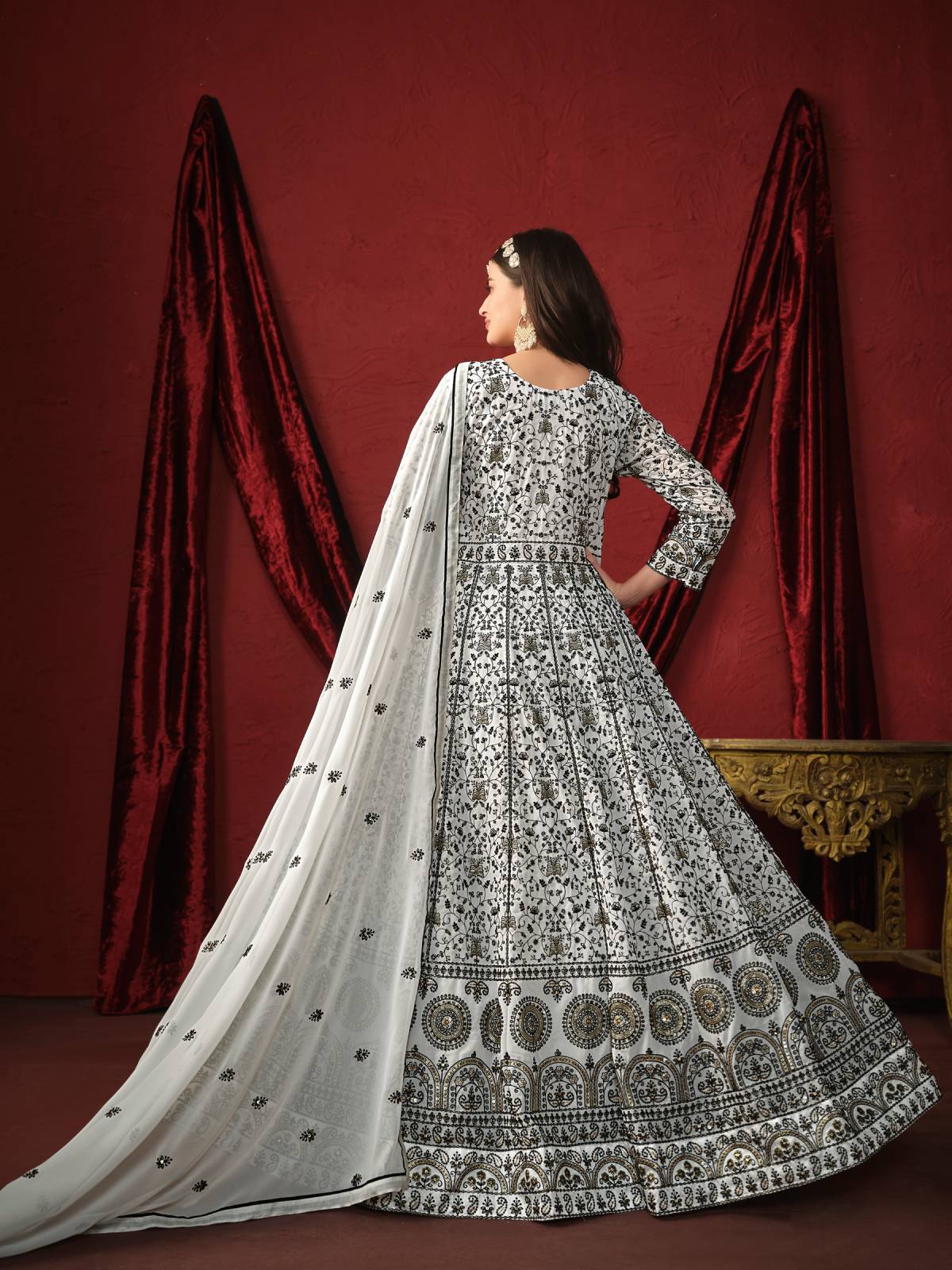 Odette White Faux Georgette Embroidered Unstitched Gown For Women - Image 3