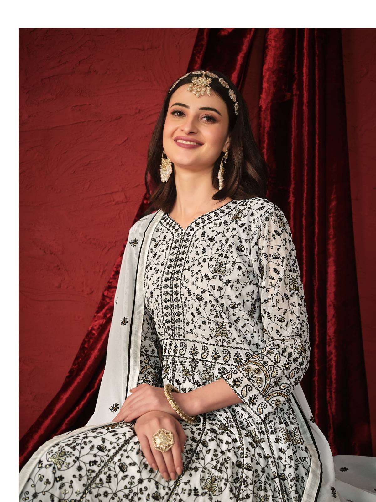 Odette White Faux Georgette Embroidered Unstitched Gown For Women - Image 4