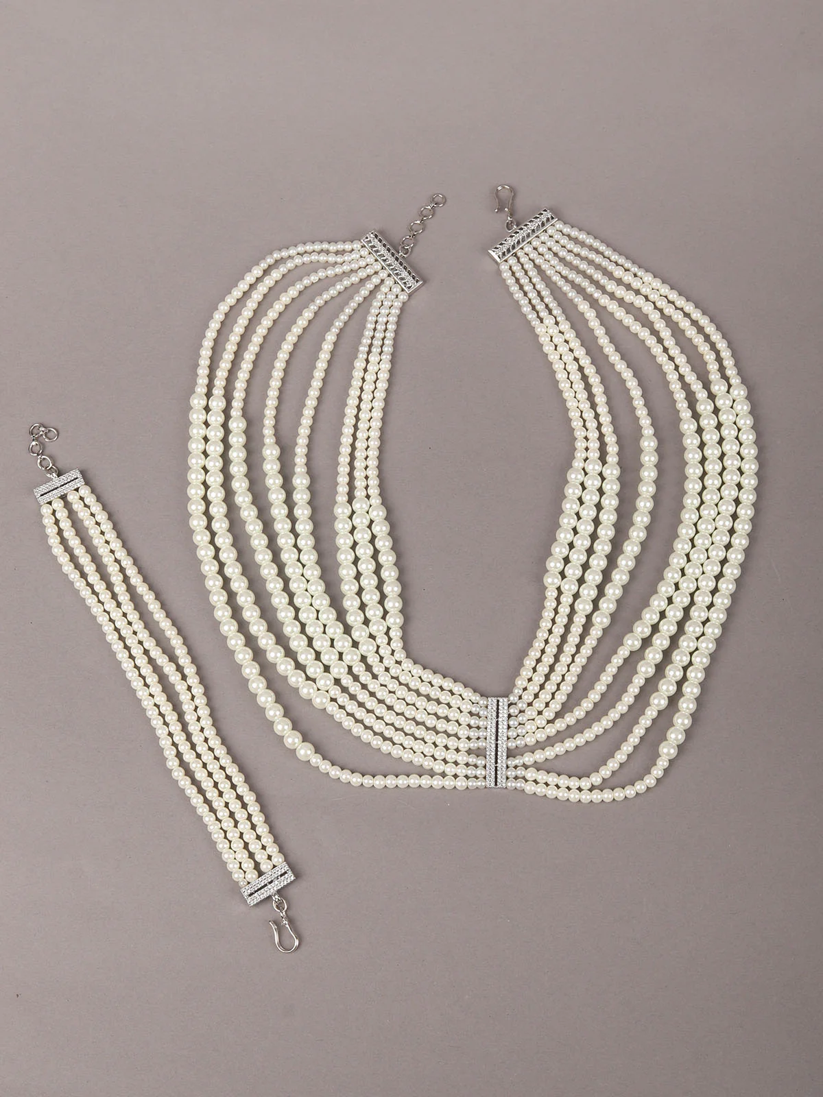 Odette White Faux Pearl Layered Choker Neck Piece With Bracelet For Women - Image 3