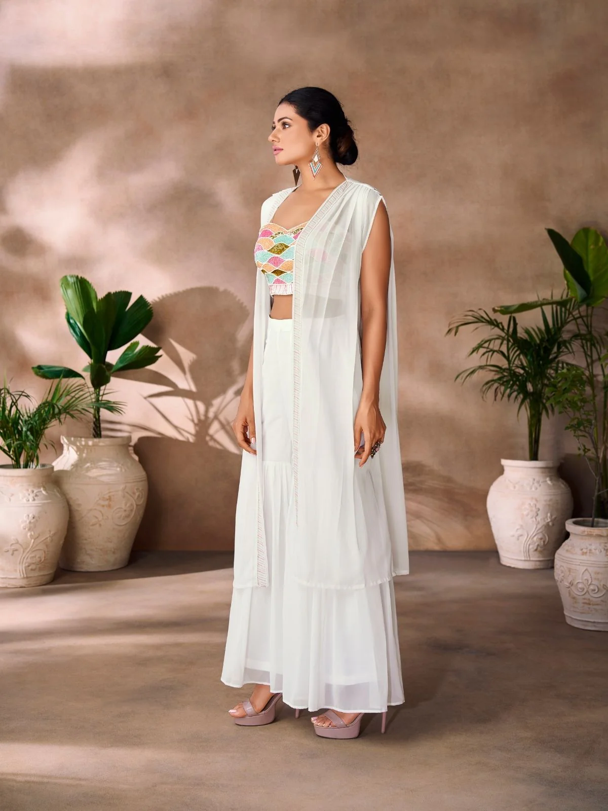 Odette White Georgette Embellished Co-Ord Set For Women - Image 3