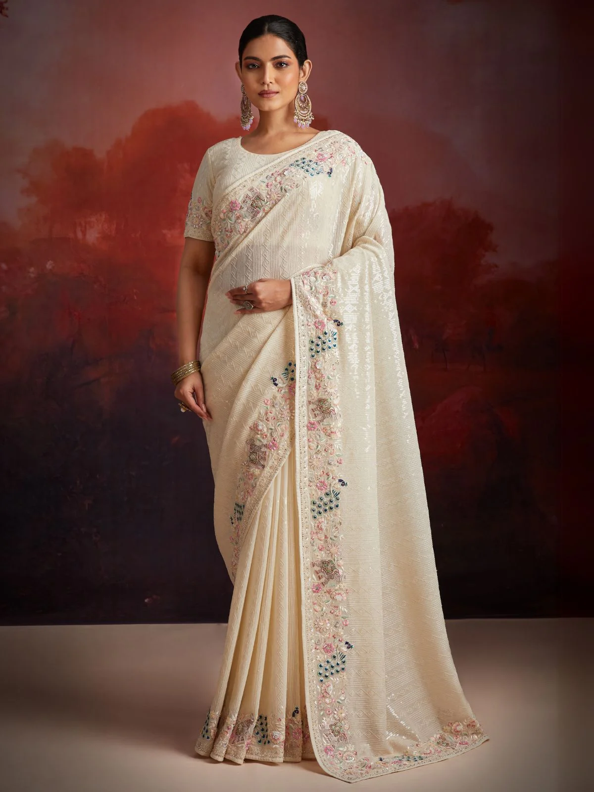 Odette White Georgette Embellished Saree For Women
